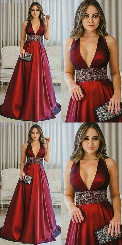 Deep V-Neck Long Prom Dresses Red Satin Evening Dresses A-Line Formal Dresses