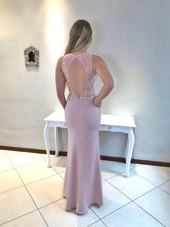 Dusty Pink Beaded Long Prom Dresses Mermaid Evening Dresses Backless Formal Dresses