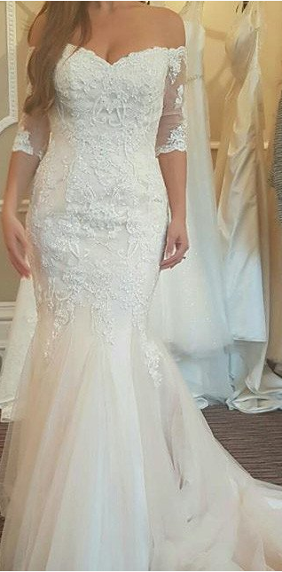 mid-sleeves elegant off shoulder mermaid ivory lace wedding dresses, WD101