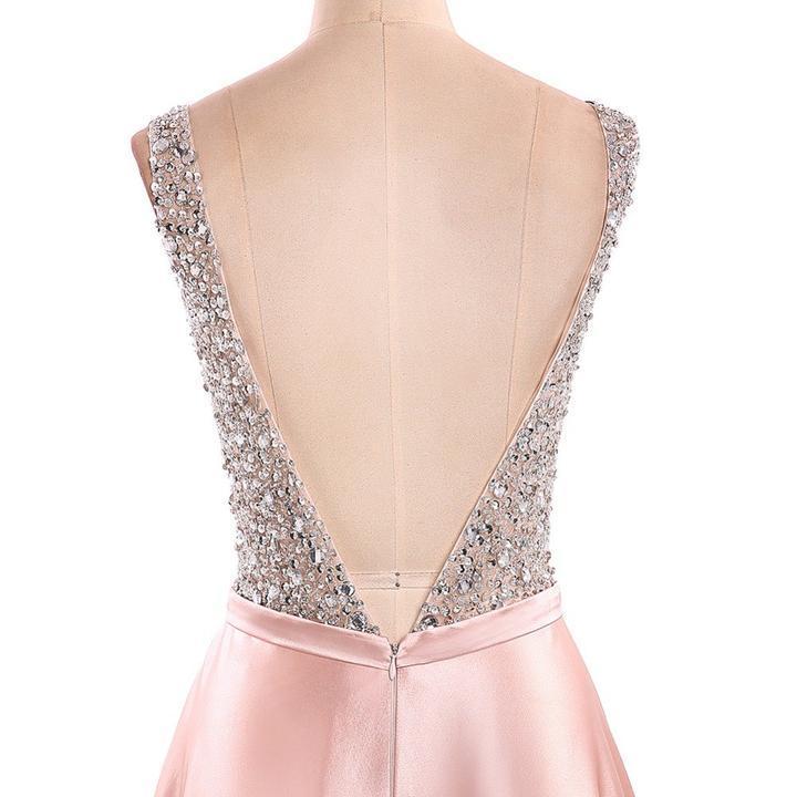 Elegant A Line V Neck Beading Prom Dresses Straps Satin Evening Dresses