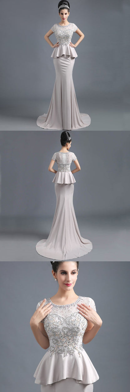 Elegant Beaded Long Prom Dresses Mermaid Evening Dresses Short Sleeve Formal Dresses