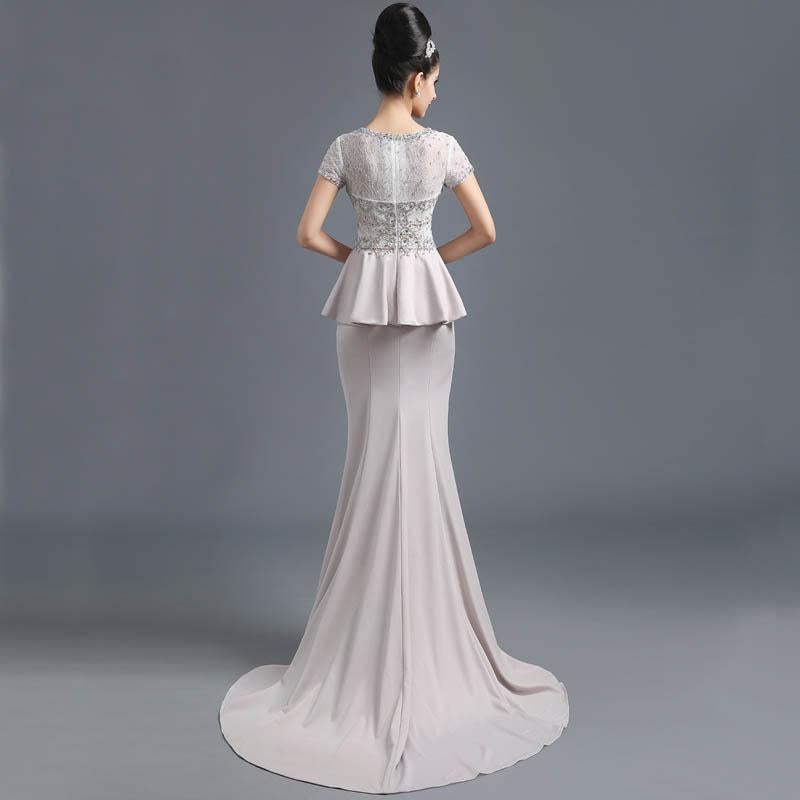 Elegant Beaded Long Prom Dresses Mermaid Evening Dresses Short Sleeve Formal Dresses