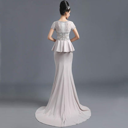 Elegant Beaded Long Prom Dresses Mermaid Evening Dresses Short Sleeve Formal Dresses
