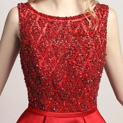 Elegant Beaded Long Prom Dresses Satin A-Line Evening Dresses V-Back Formal Dresses