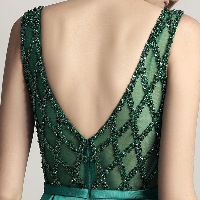 Elegant Beaded Long Prom Dresses Satin A-Line Evening Dresses V-Back Formal Dresses