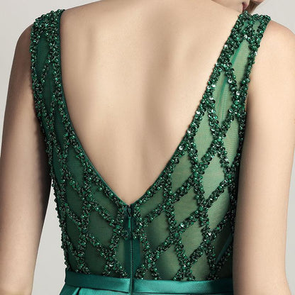 Elegant Beaded Long Prom Dresses Satin A-Line Evening Dresses V-Back Formal Dresses