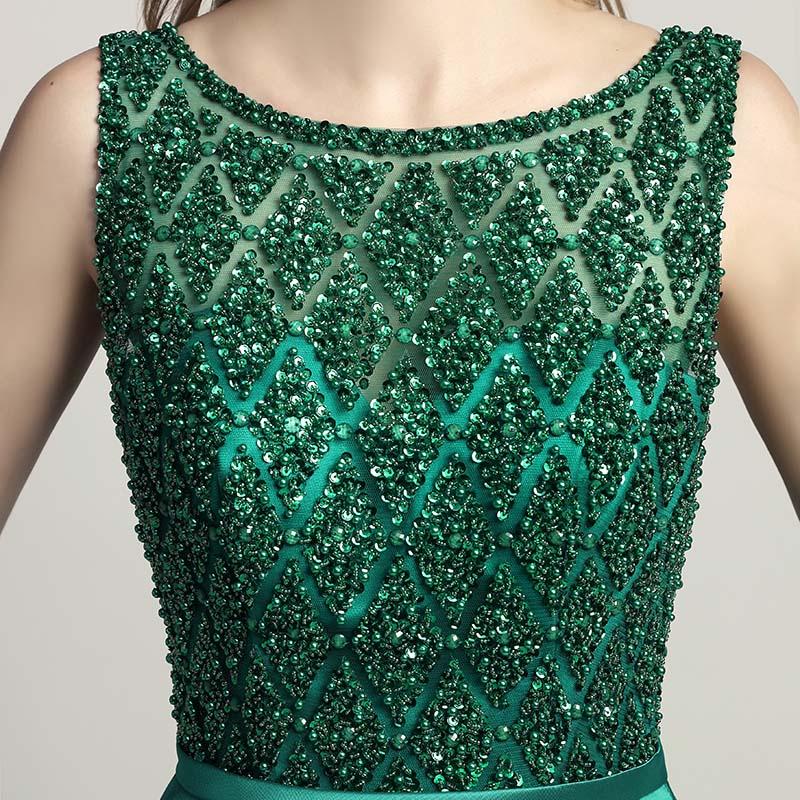 Elegant Beaded Long Prom Dresses Satin A-Line Evening Dresses V-Back Formal Dresses