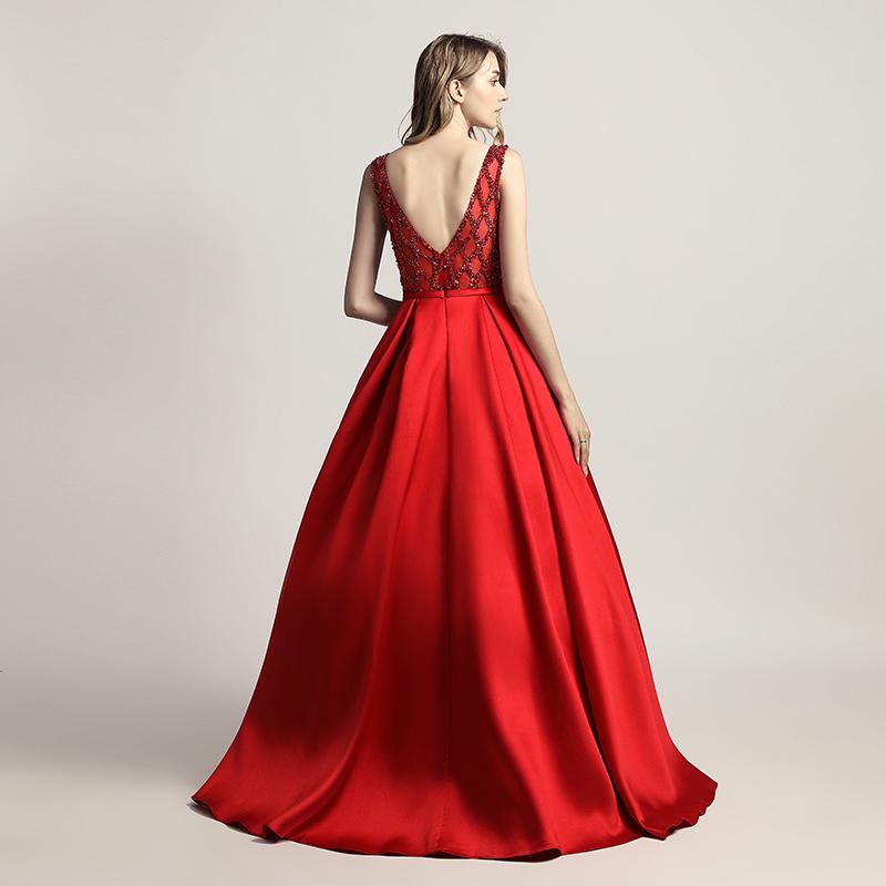 Elegant Beaded Long Prom Dresses Satin A-Line Evening Dresses V-Back Formal Dresses