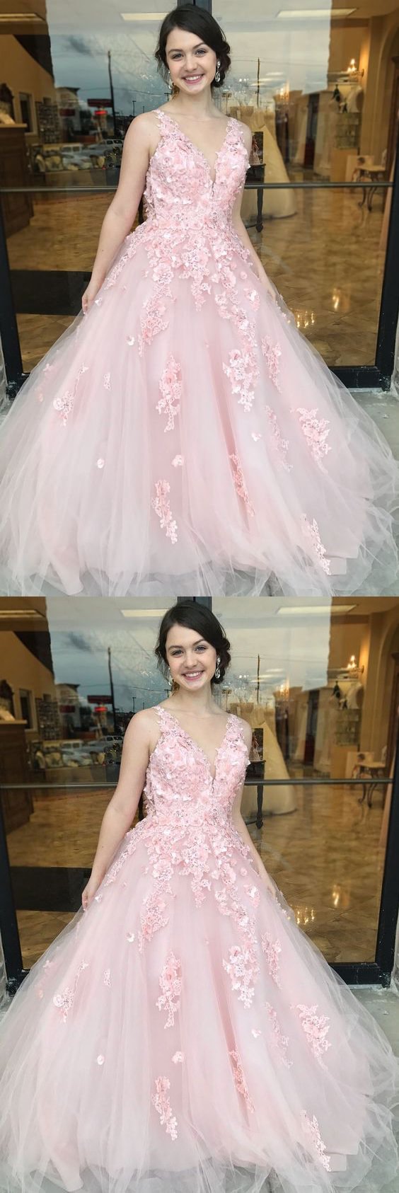 Floral Applique Long Prom Dresses V-Neck Evening Dresses Tulle A-Line Formal Dresses