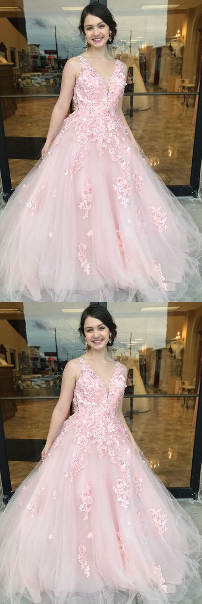 Floral Applique Long Prom Dresses V-Neck Evening Dresses Tulle A-Line Formal Dresses