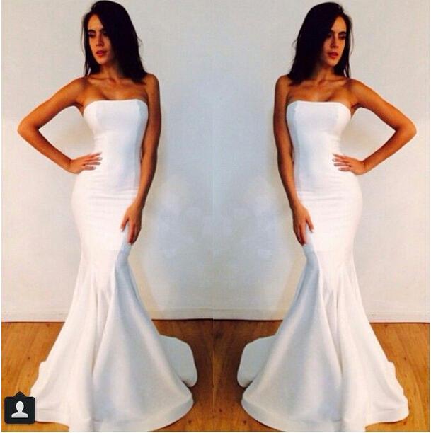 elegant strapless mermaid white long evening dress, PD59616