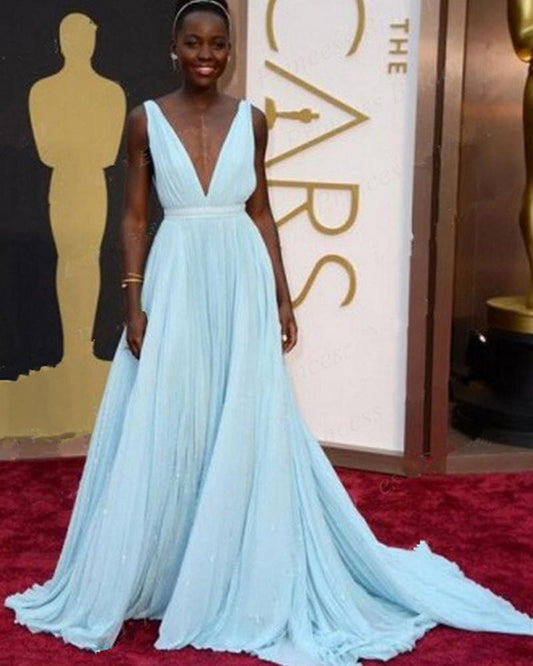 formal deep v-neck light blue long party dress, PD6155