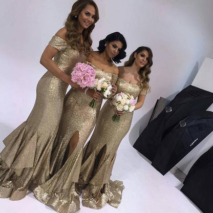 Off shoulder gold sequin long mermaid slit Bridesmaid Dresses,BD7306