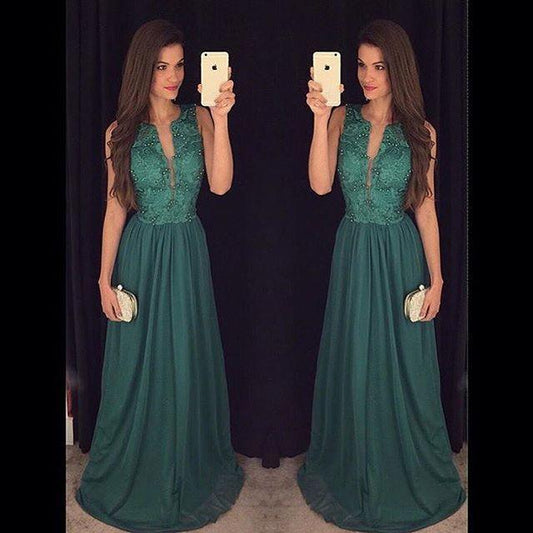formal chiffon v-neck dark green long prom dress, PD8861