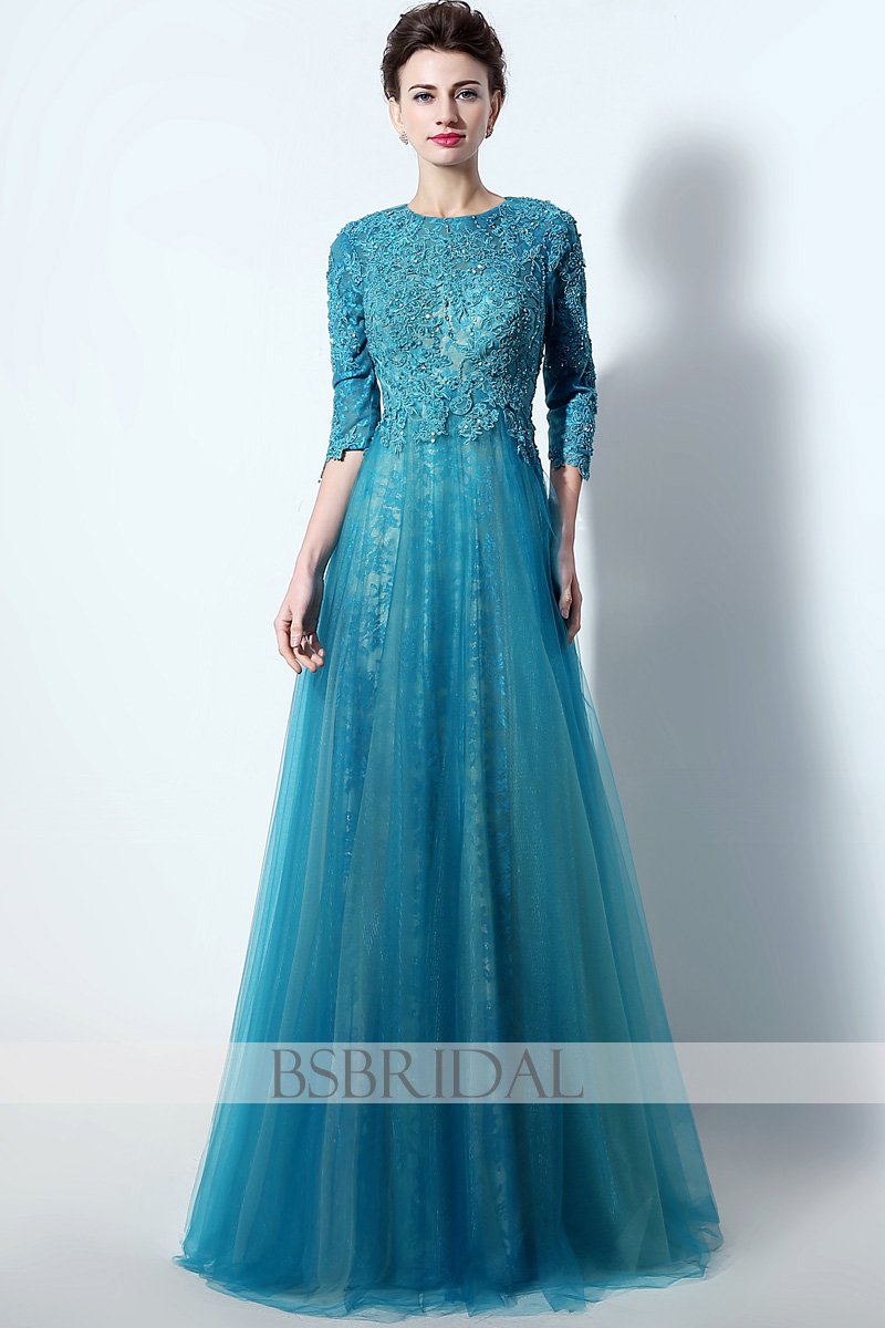 modest middle-sleeves blue lace long prom dress, LX016