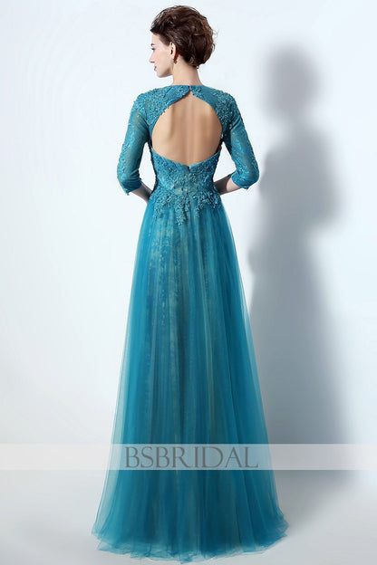 modest middle-sleeves blue lace long prom dress, LX016