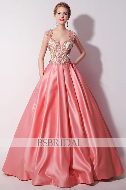 princess pink sweet long satin prom dress for girls, LX020