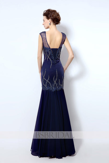 formal modest v-neck navy long beaded prom dress, LX032