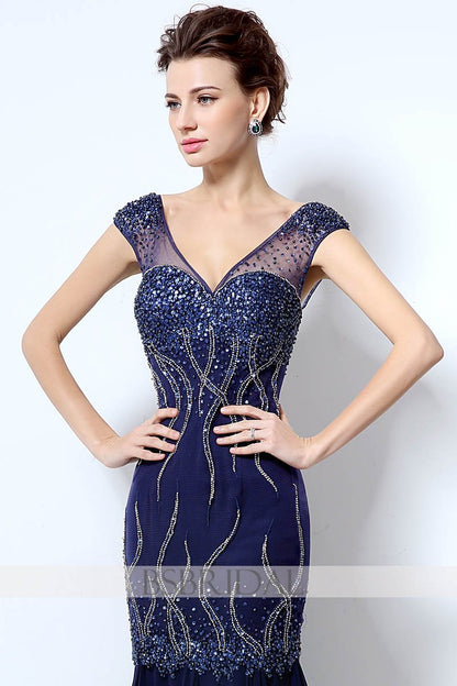 formal modest v-neck navy long beaded prom dress, LX032