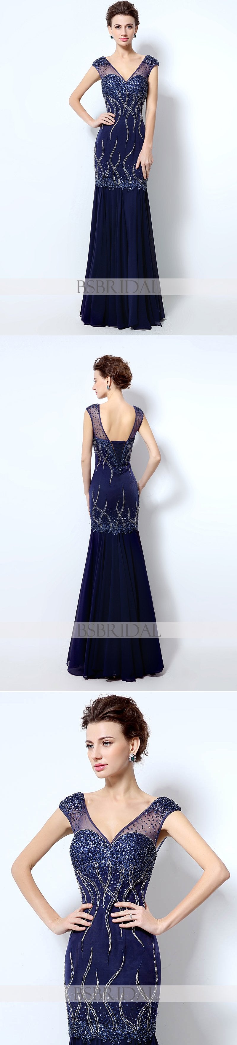 formal modest v-neck navy long beaded prom dress, LX032