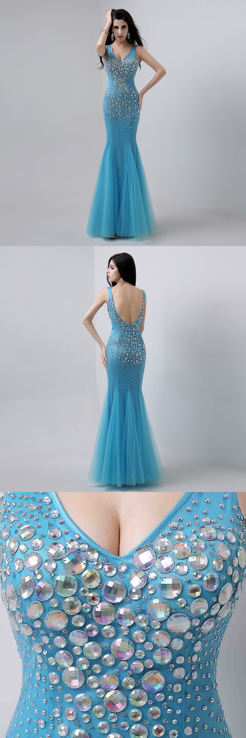 Luxurious Beaded Long prom Dresses V-Neck Evening Dresses Mermaid Backless Formal Dresses