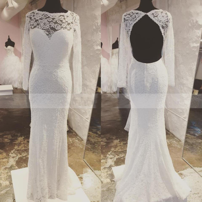 modest scoop white lace mermaid long sleeves open back wedding dress, WD109
