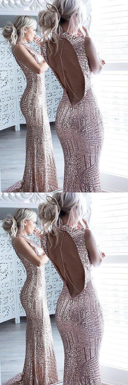Mermaid Pink Sparkle Beaded Sequins Bodice Backless Sexy Prom Dresses