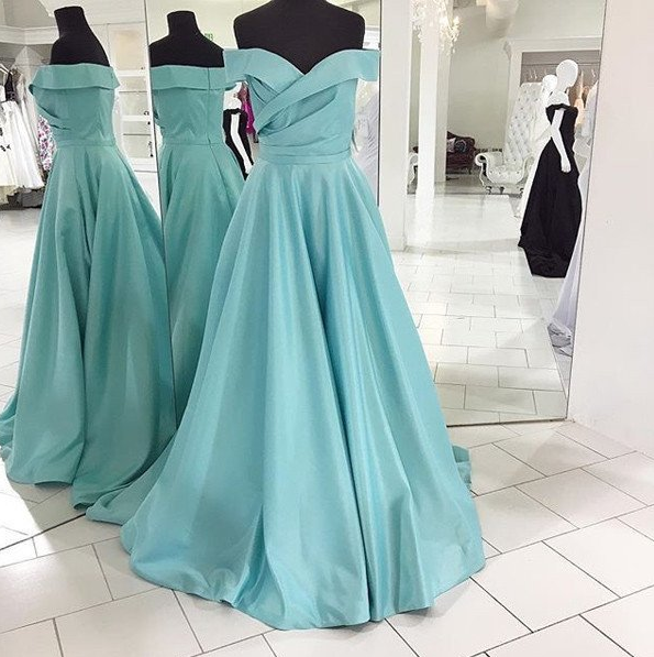 simple blue off shoulder A-line satin long prom dress, PD9780