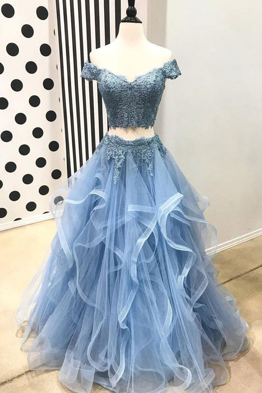 Long Tulle A-Line Off-the-Shoulder Sky Blue Prom Dress with Appliques, PD2303041