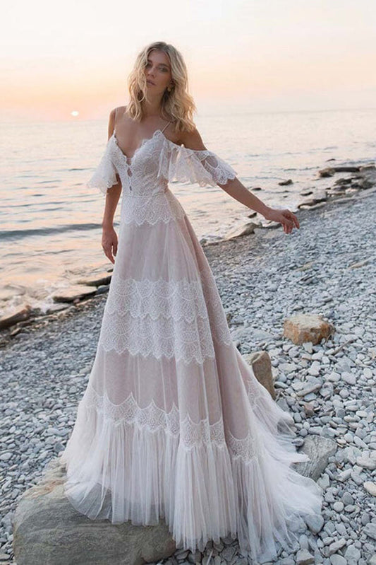 Bohemian Off-the-Shoulder A-Line Tulle Lace Wedding Dress, WD23022357