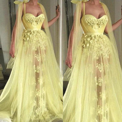 Long Yellow Sleeveless Prom Gown with 3D Flowers, Elegant Lace Applique, and Beads, PD23030129