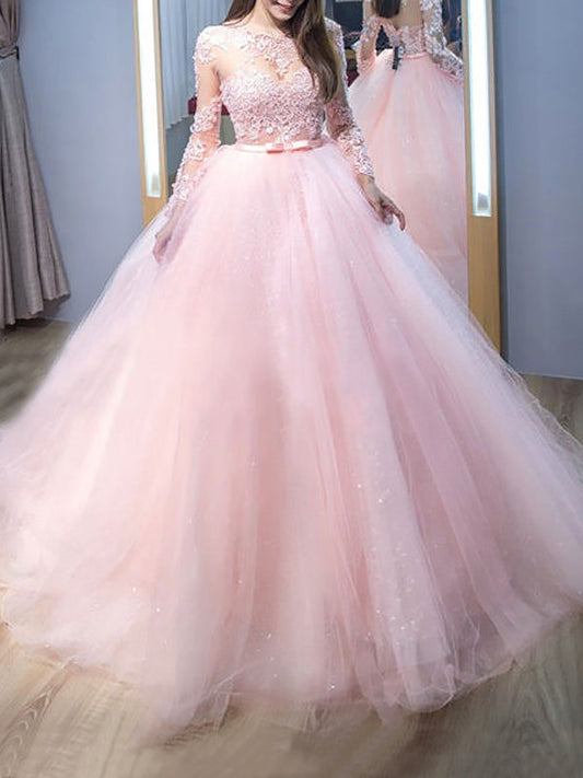 Pink Tulle Ball Gown Prom Dress with Long Sleeves and Appliques, PD2303086