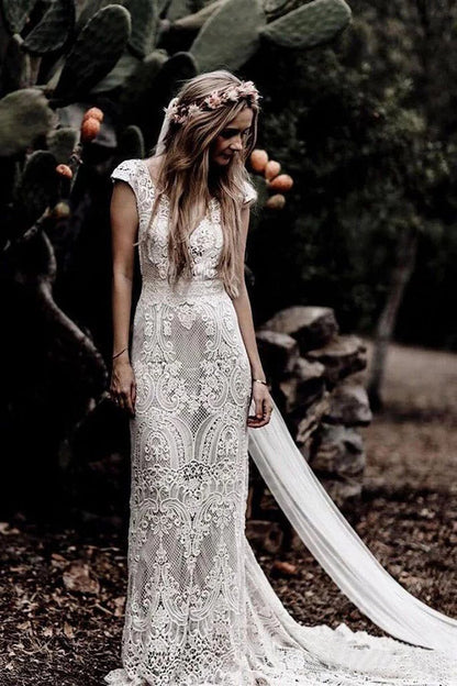 Vintage Lace Sheath Boho Wedding Dress with Cap Sleeves and Rustic Style, WD23022369