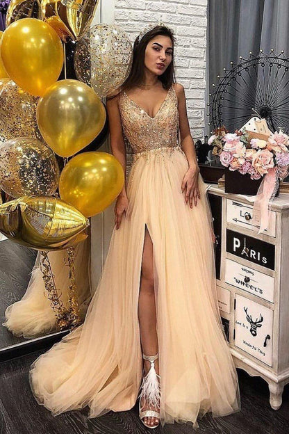 V-Neck Beaded A-Line Long Prom Dresses in Champagne Tulle, PD23030138