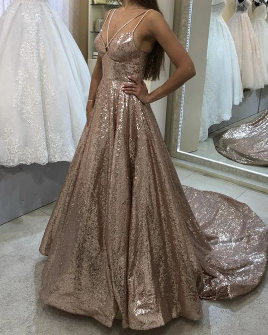 Champagne Sweetheart Halter A-Line Sequin Prom, PD2303284