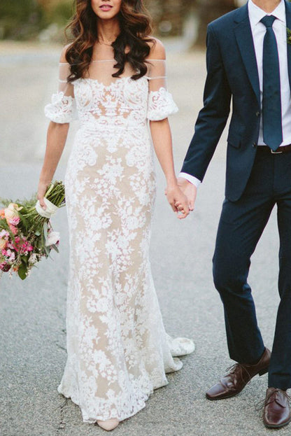 Off-the-Shoulder White Lace Wedding Dress with Half Sleeves, WD2302286