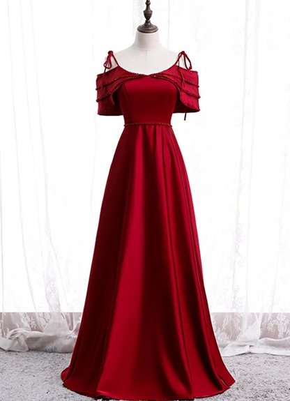 Burgundy Satin Beads Long Evening Prom Dress, PD23031315