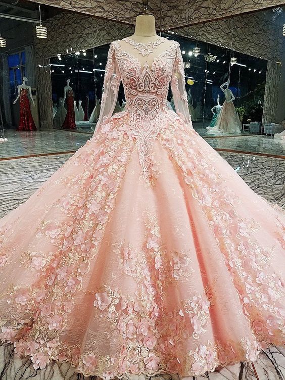 Elegant Beaded Ball Gown - Long Sleeve Tulle Quinceanera Dress, PD23022215