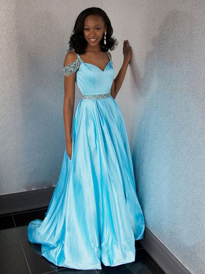 Blue Beaded A-Line Prom Dress with Sweetheart Neckline and Off-the-Shoulder Design, PD2303154