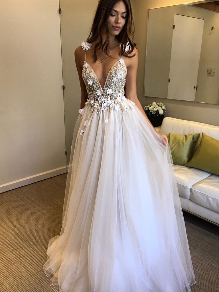 Ivory V-Neck Backless Beaded Wedding Dress with 3D Flowers, WD23022640