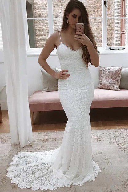 Sleeveless All Over Lace Mermaid Wedding Dress with Spaghetti Straps, WD2303268