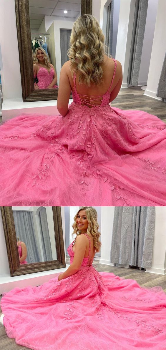 Bright Pink A-Line Prom Dress with Lace Appliques and Lace-Up Back, PD2303037