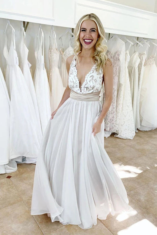 Tulle Deep V-Neck Wedding Dress with Waistband, WD23022668