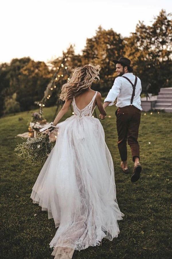 Boho Tulle Lace Wedding Dress with Sweep Train, Feather Details, and A-Line Silhouette, WD23022365