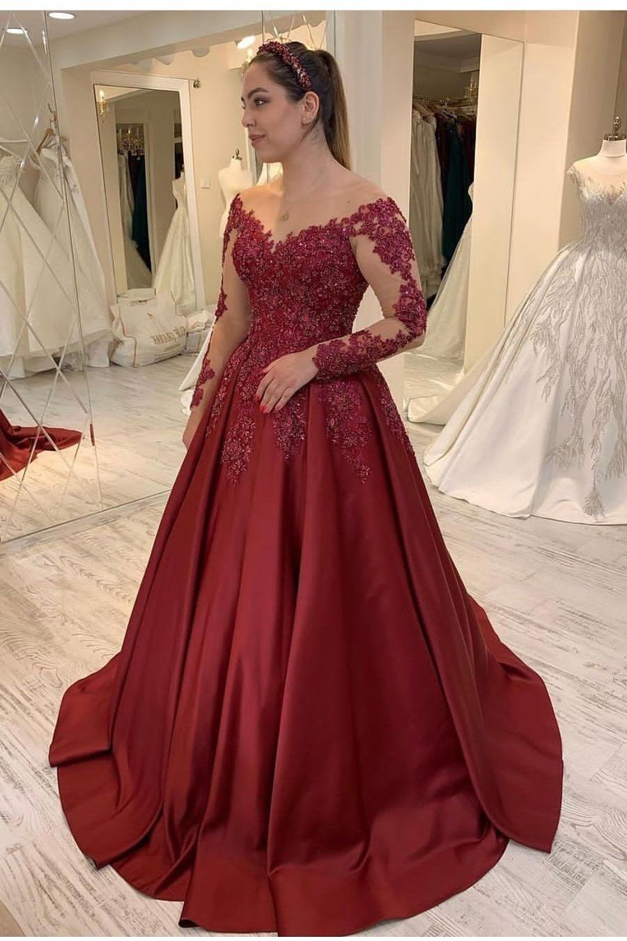 Burgundy Satin Long Sleeves A-Line Prom Dress with Appliques, PD23030140