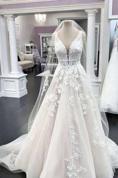 Beaded Chiffon A-line Wedding Dress with Short Sleeves and V-neckline, WD23022411