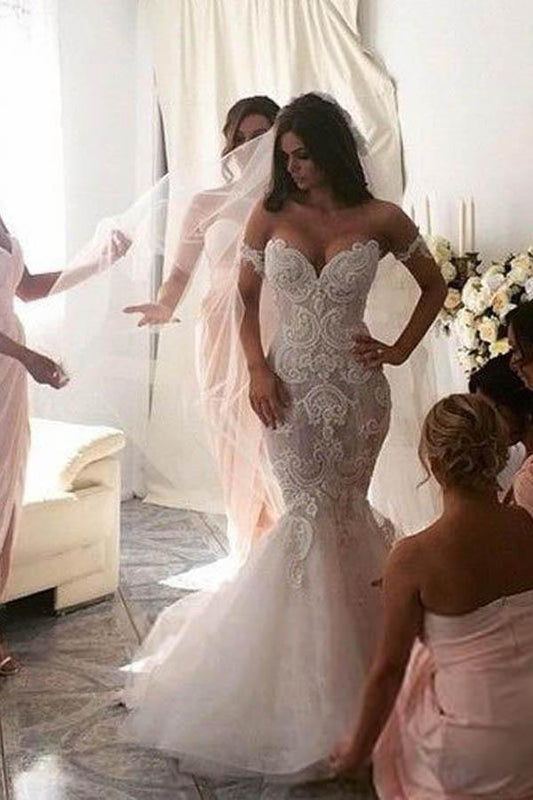 Off-shoulder Lace Mermaid Wedding Dress, WD23022321