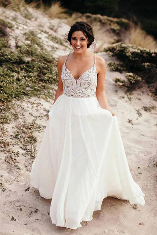 Rustic Ivory Chiffon Wedding Dress with Beaded Spaghetti Straps,, WD2304184