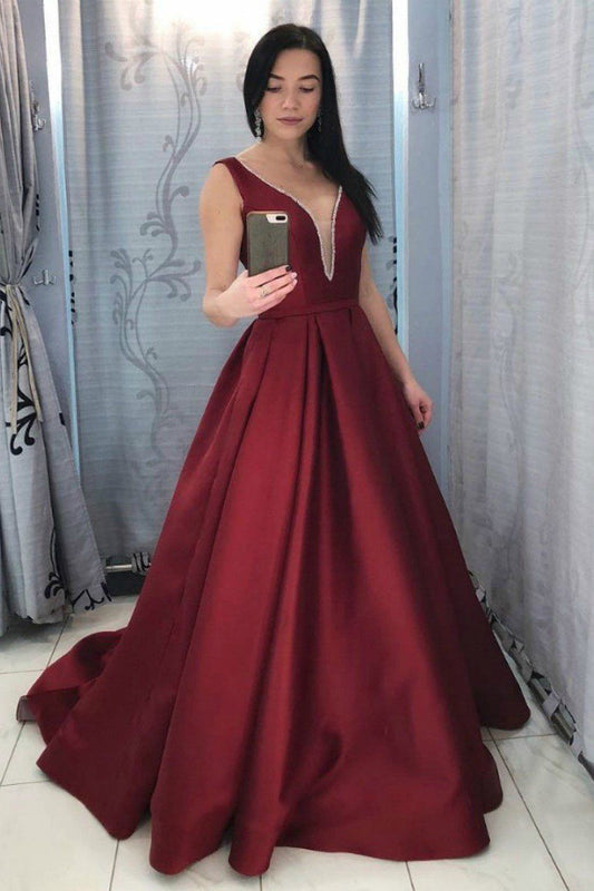 V-Neck Satin Burgundy A-Line Prom Dress with Beading and Long Train, PD23030158