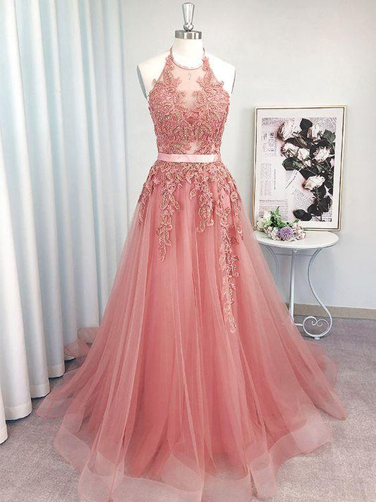 Halter Tulle A-Line Prom Dress with Long Pink Skirt, PD2303071